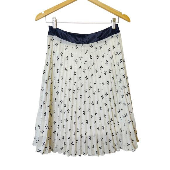 Vtg Pleated Chiffon Cream Black Ribbon Print A-Line Skirt Small Preppy Coquette - Picture 2 of 11